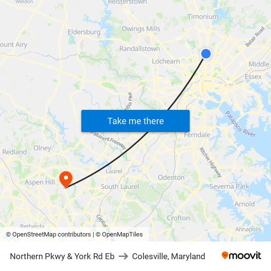 Northern Pkwy & York Rd Eb to Colesville, Maryland map