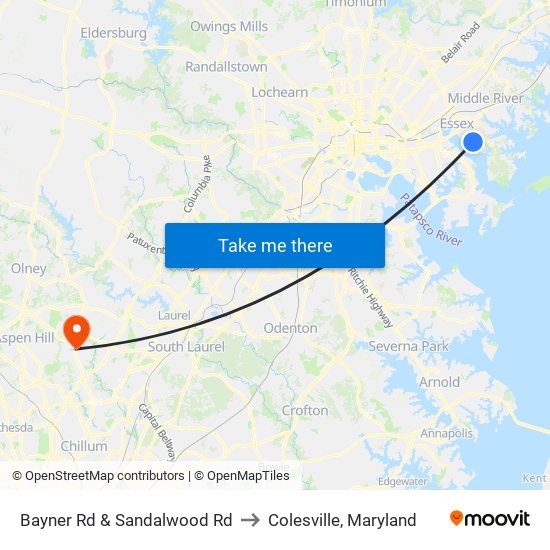 Bayner Rd & Sandalwood Rd to Colesville, Maryland map