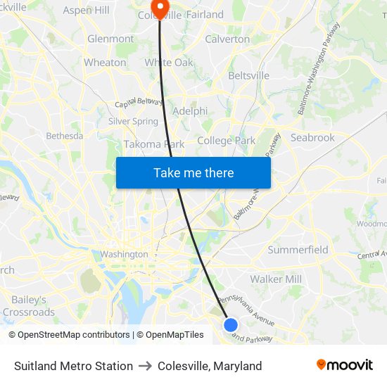 Suitland Metro Station to Colesville, Maryland map