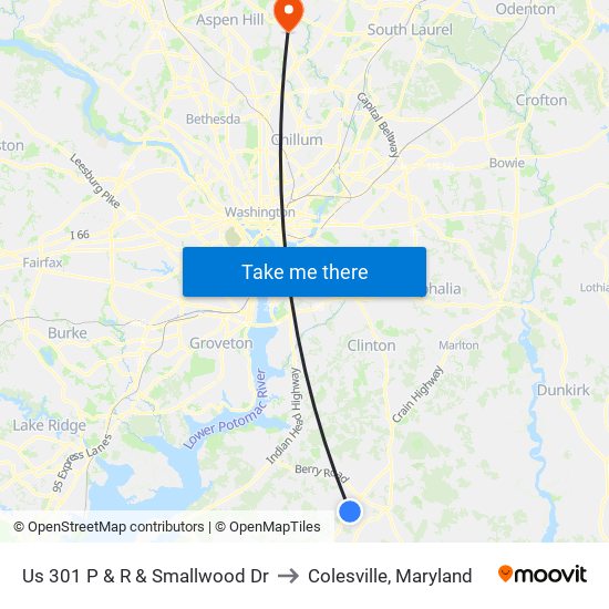 Us 301 P & R & Smallwood Dr to Colesville, Maryland map