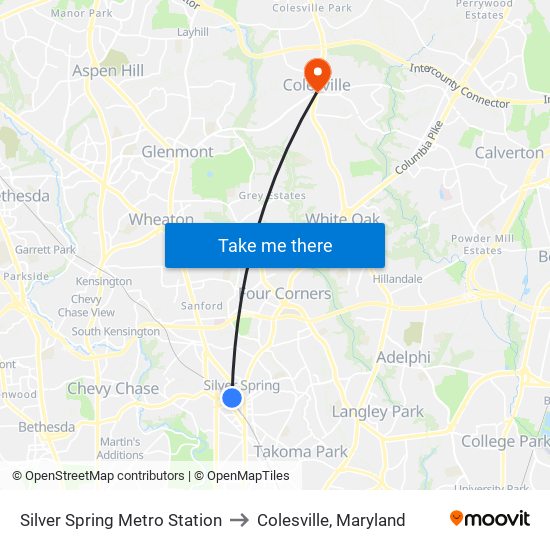 Silver Spring Metro Station to Colesville, Maryland map