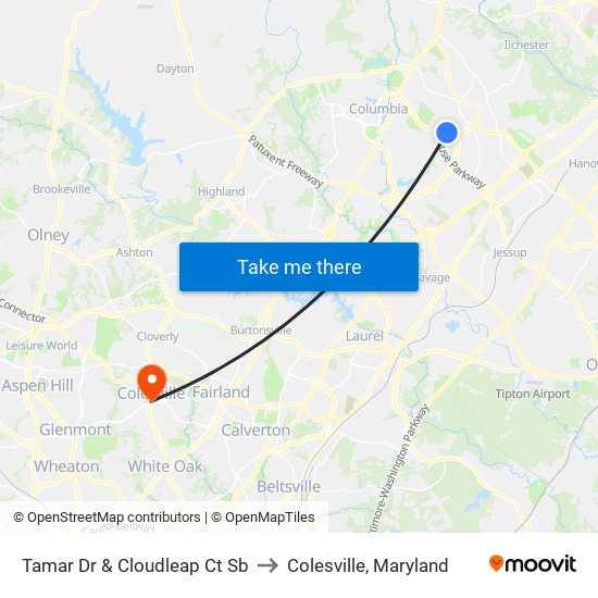 Tamar Dr & Cloudleap Ct Sb to Colesville, Maryland map