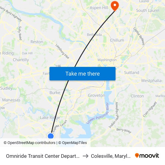 Omniride Transit Center Departures to Colesville, Maryland map