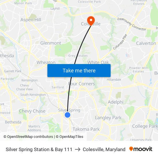 Silver Spring Station & Bay 111 to Colesville, Maryland map