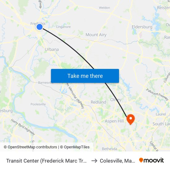 Transit Center (Frederick Marc Train Station) to Colesville, Maryland map