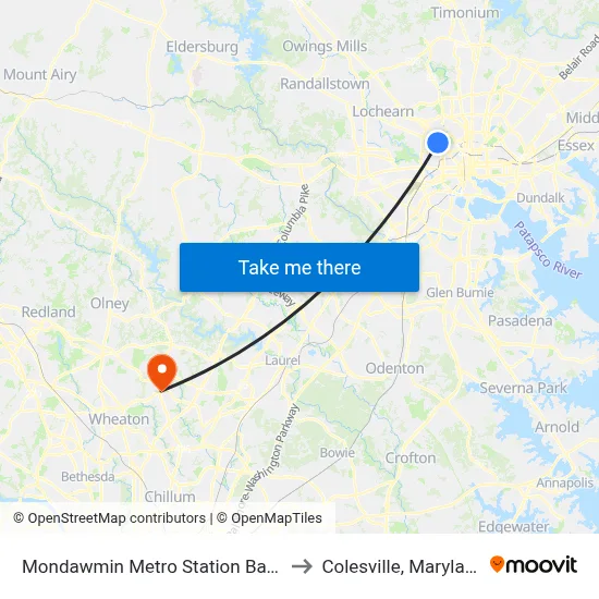 Mondawmin Metro Station Bay 9 to Colesville, Maryland map