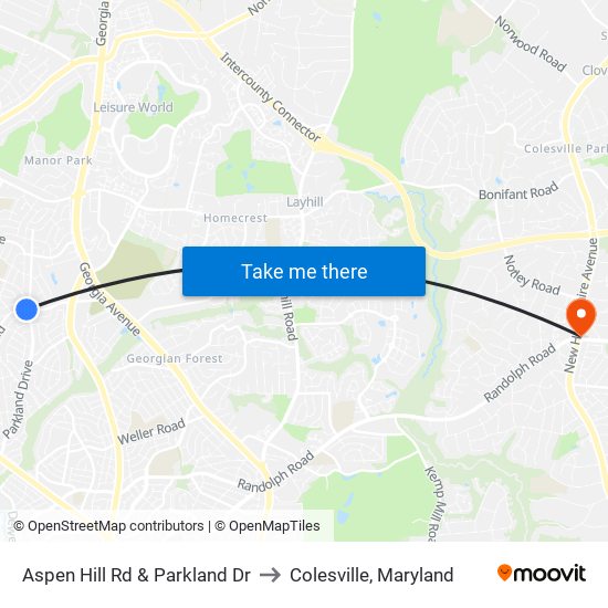 Aspen Hill Rd & Parkland Dr to Colesville, Maryland map