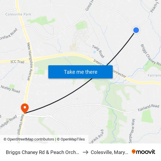 Briggs Chaney Rd & Peach Orchard Rd to Colesville, Maryland map