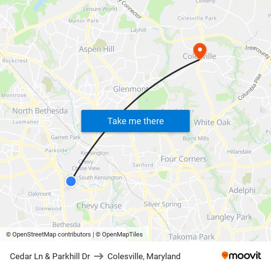 Cedar Ln & Parkhill Dr to Colesville, Maryland map