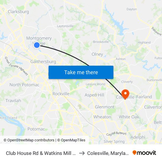 Club House Rd & Watkins Mill Rd to Colesville, Maryland map