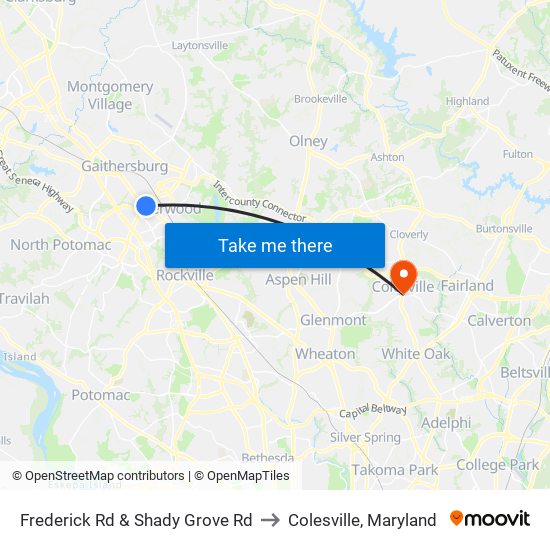 Frederick Rd & Shady Grove Rd to Colesville, Maryland map