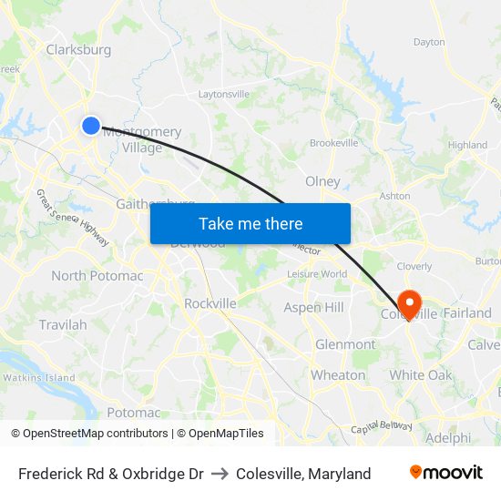 Frederick Rd & Oxbridge Dr to Colesville, Maryland map