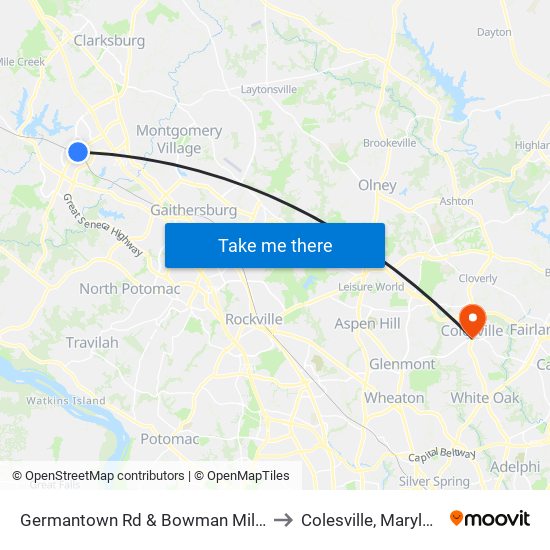 Germantown Rd & Bowman Mill Dr to Colesville, Maryland map