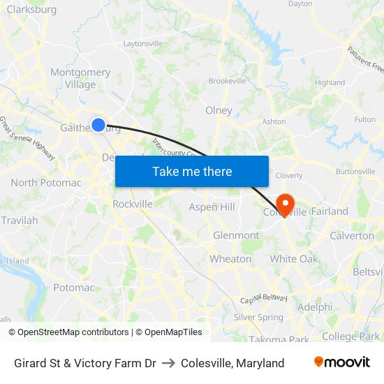 Girard St & Victory Farm Dr to Colesville, Maryland map