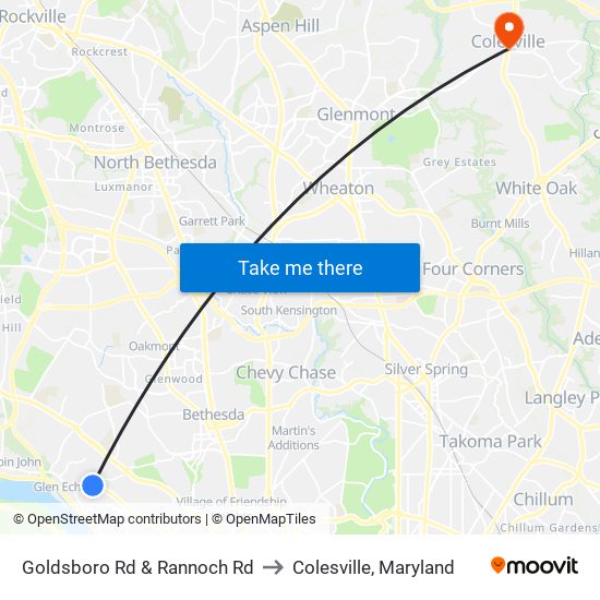 Goldsboro Rd & Rannoch Rd to Colesville, Maryland map