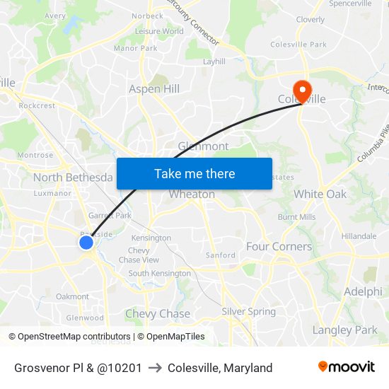 Grosvenor Pl & @10201 to Colesville, Maryland map