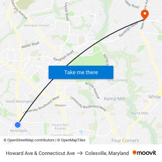 Howard Ave & Connecticut Ave to Colesville, Maryland map