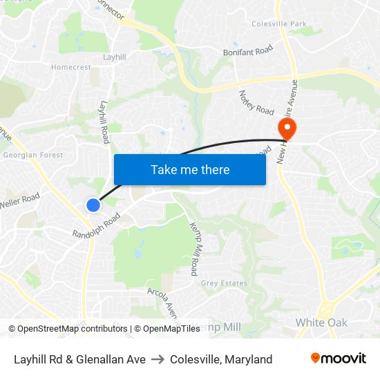 Layhill Rd & Glenallan Ave to Colesville, Maryland map