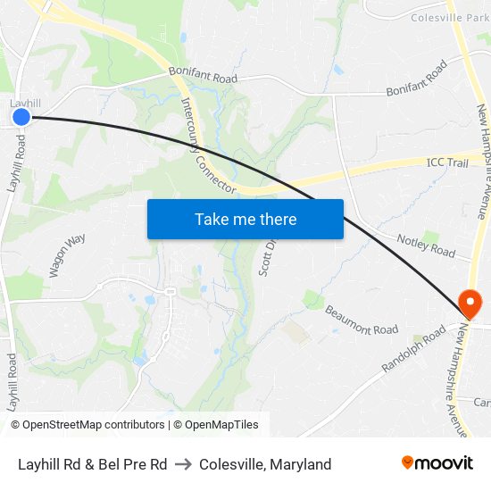 Layhill Rd & Bel Pre Rd to Colesville, Maryland map