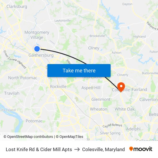 Lost Knife Rd & Cider Mill Apts to Colesville, Maryland map