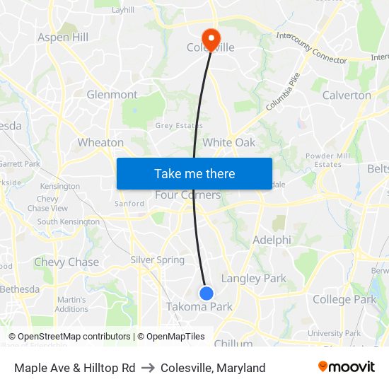 Maple Ave & Hilltop Rd to Colesville, Maryland map