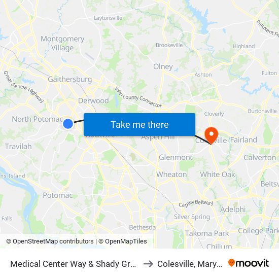 Medical Center Way & Shady Grove Rd to Colesville, Maryland map