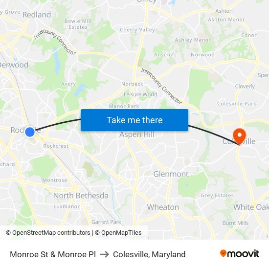 Monroe St & Monroe Pl to Colesville, Maryland map