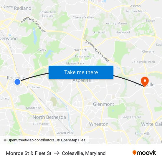 Monroe St & Fleet St to Colesville, Maryland map