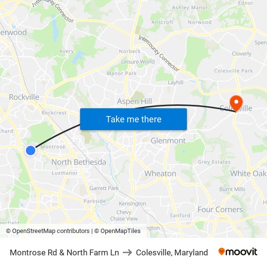 Montrose Rd & North Farm Ln to Colesville, Maryland map