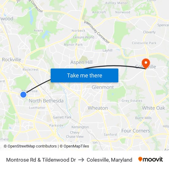 Montrose Rd & Tildenwood Dr to Colesville, Maryland map