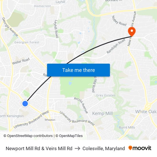 Newport Mill Rd & Veirs Mill Rd to Colesville, Maryland map