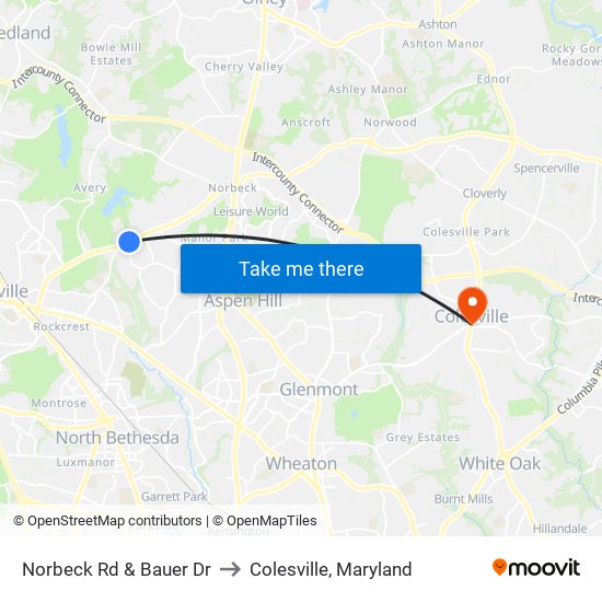 Norbeck Rd & Bauer Dr to Colesville, Maryland map