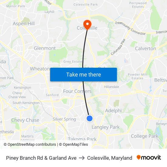 Piney Branch Rd & Garland Ave to Colesville, Maryland map