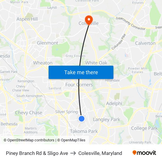 Piney Branch Rd & Sligo Ave to Colesville, Maryland map