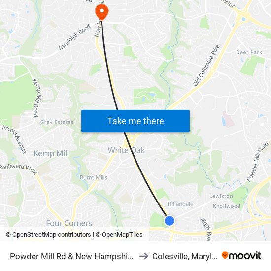 Powder Mill Rd & New Hampshire Ave to Colesville, Maryland map