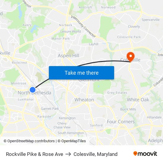 Rockville Pike & Rose Ave to Colesville, Maryland map