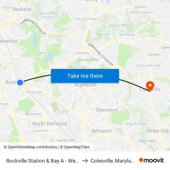 Rockville Station & Bay A - West to Colesville, Maryland map