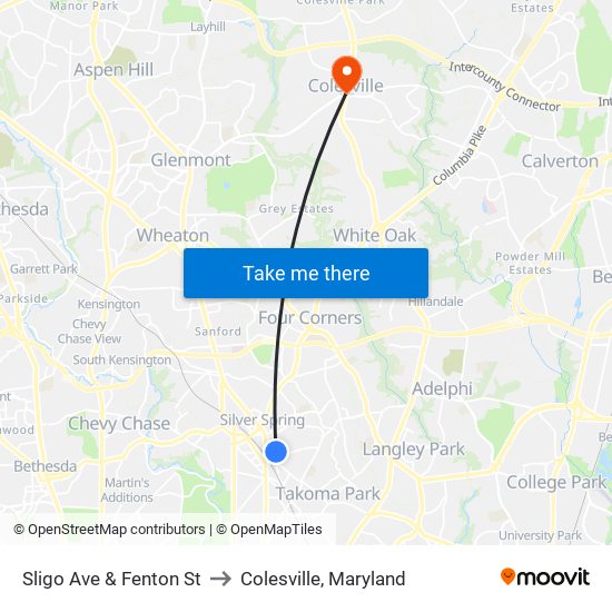 Sligo Ave & Fenton St to Colesville, Maryland map