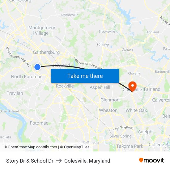 Story Dr & School Dr to Colesville, Maryland map