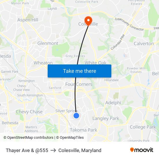 Thayer Ave & @555 to Colesville, Maryland map