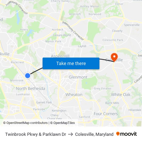 Twinbrook Pkwy & Parklawn Dr to Colesville, Maryland map