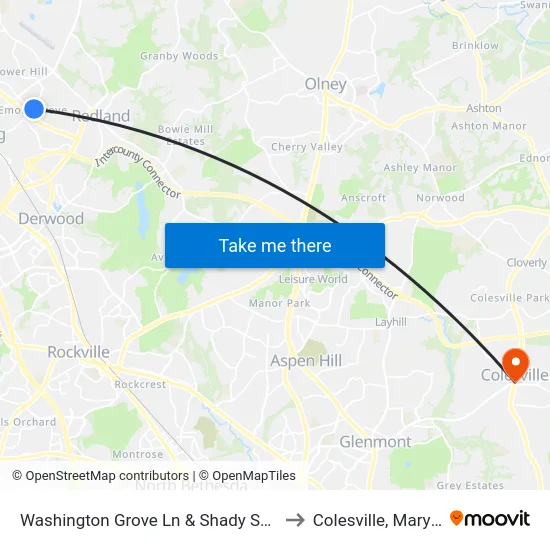 Washington Grove Ln & Shady Spring Dr to Colesville, Maryland map