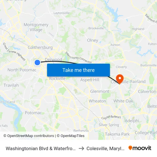 Washingtonian Blvd & Waterfront Pl to Colesville, Maryland map
