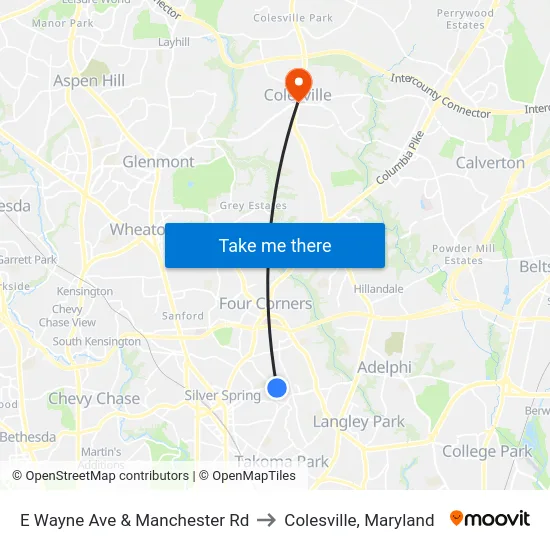 E Wayne Ave & Manchester Rd to Colesville, Maryland map