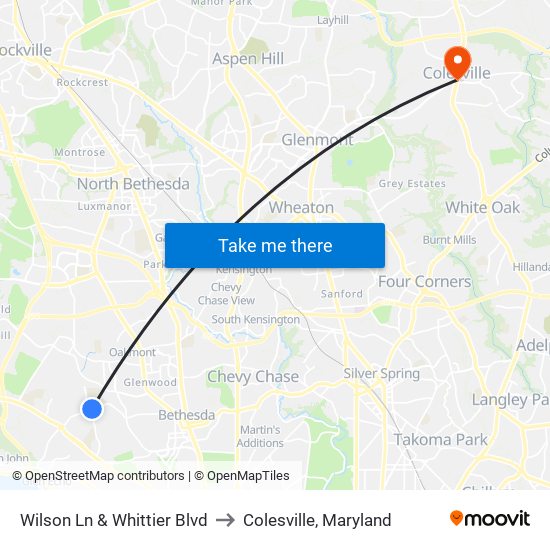Wilson Ln & Whittier Blvd to Colesville, Maryland map
