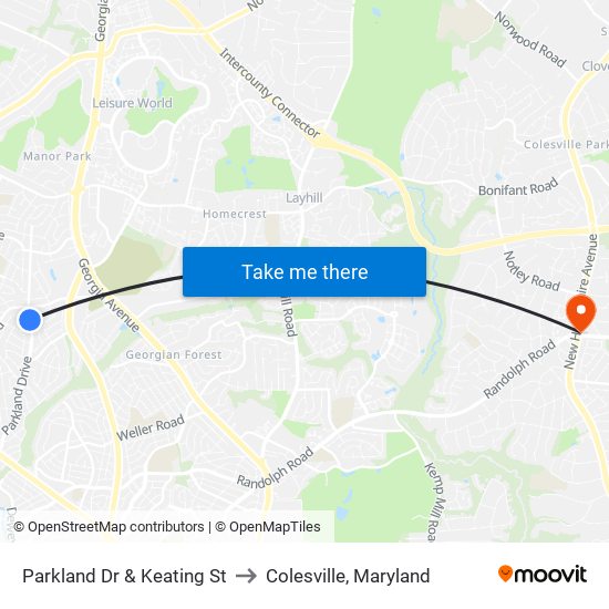 Parkland Dr & Keating St to Colesville, Maryland map