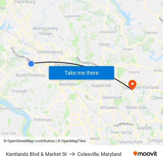 Kentlands Blvd & Market St to Colesville, Maryland map