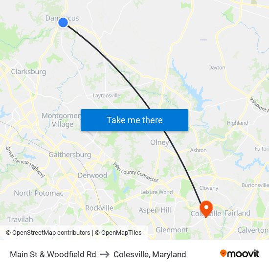 Main St & Woodfield Rd to Colesville, Maryland map