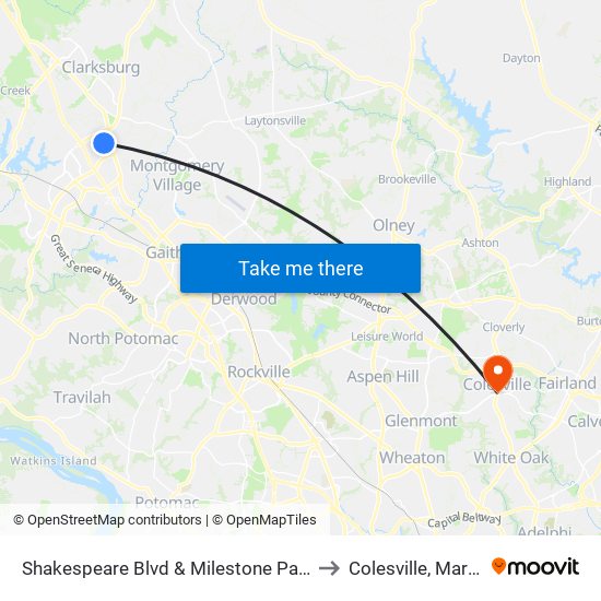 Shakespeare Blvd & Milestone Park & Ride to Colesville, Maryland map