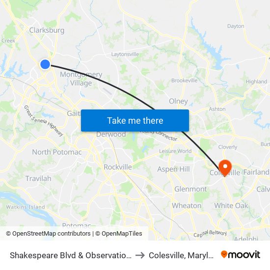 Shakespeare Blvd & Observation Dr to Colesville, Maryland map